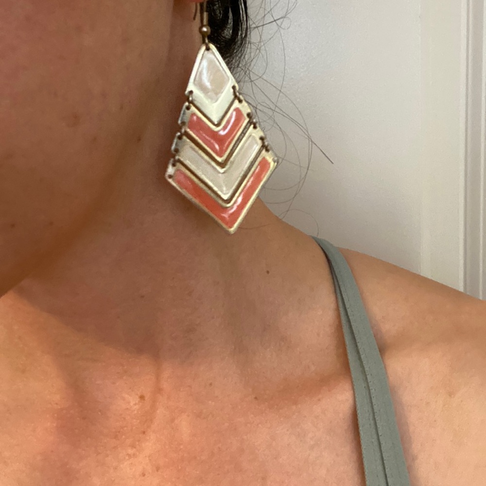 Geometric gold, white, and orange earrings